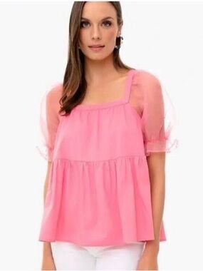 Pomander Place Pink Sheer Puff-Sleeve Tunic Top